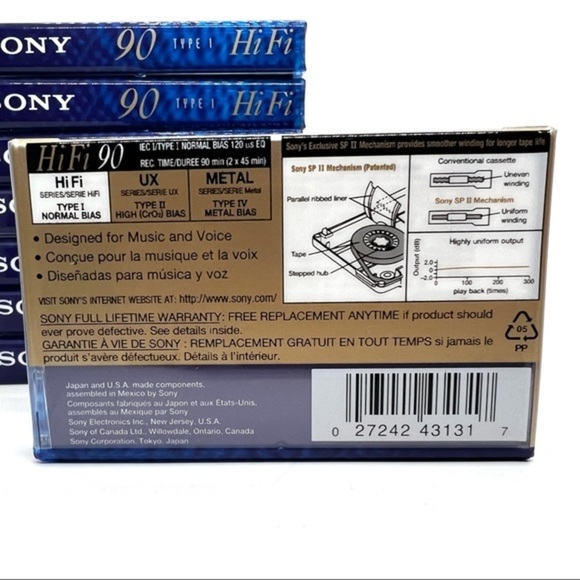 Lot Of 8 Sony Hi Fi 90 Minute Blank Cassette Tapes Type 1 Normal Bias NEW Sealed - Picture 3 of 3